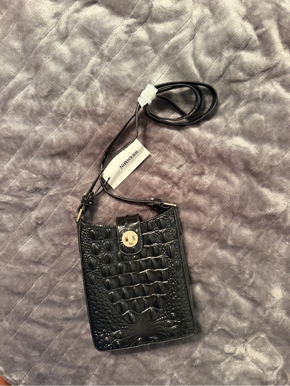 Brahmin Black Croc-Embossed Crossbody Phone Pouch